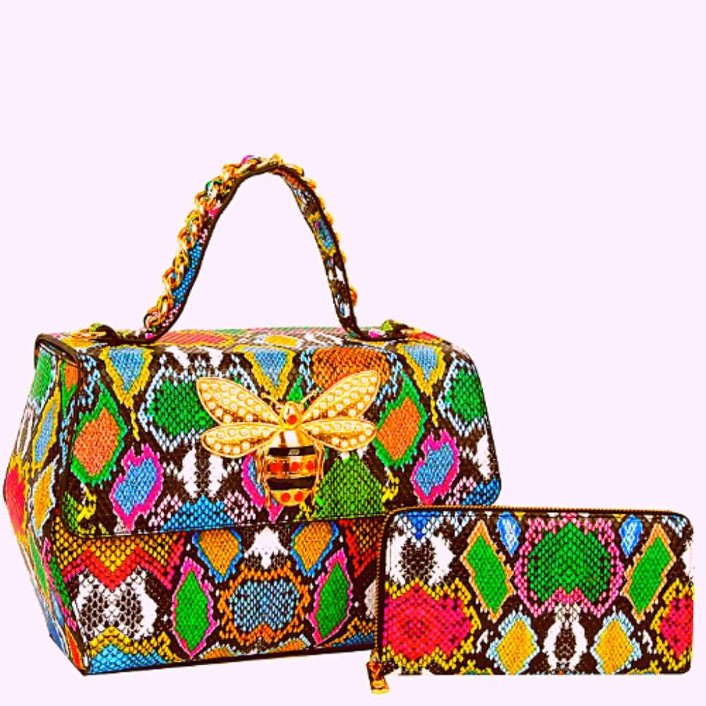 Multicolor Designer Top Handle Snake Print Satchel Set